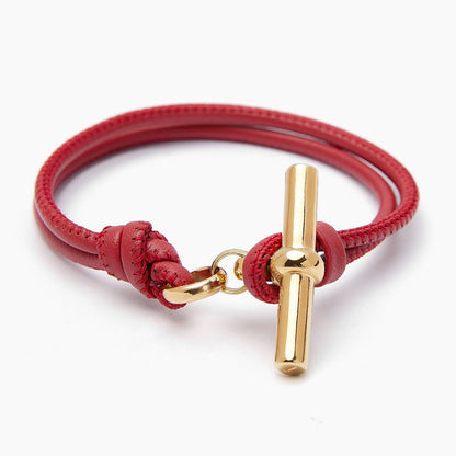 Red cord T bar bracelet minimal toggle closure gold tone hardware
