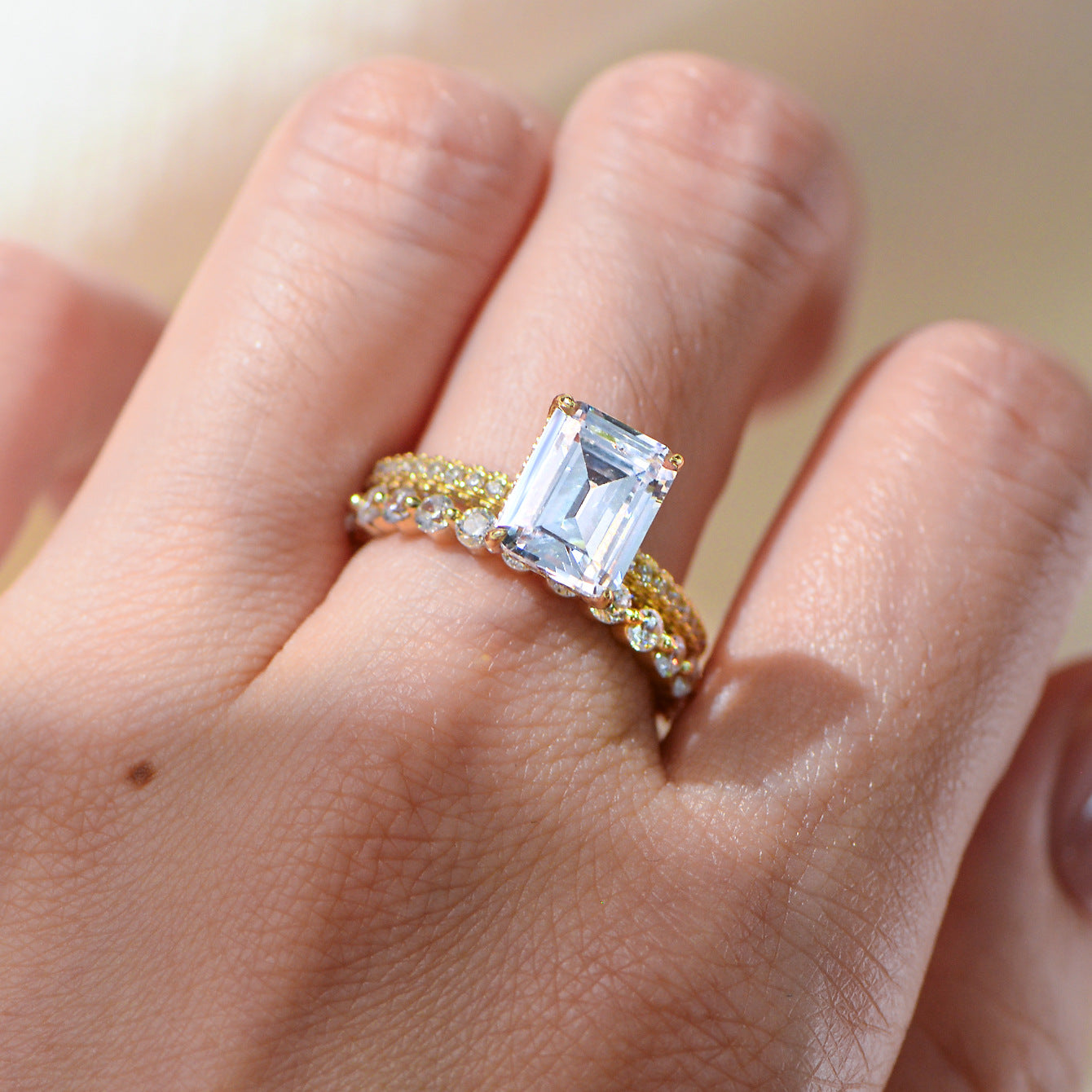 Taylor Swift inspired cushion cut CZ cocktail ring on hand, yellow gold plated 925 silver engagement jewelry wholesale