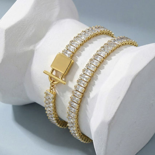 18K gold plated stainless steel tennis zircon bracelet size guide with toggle clasp