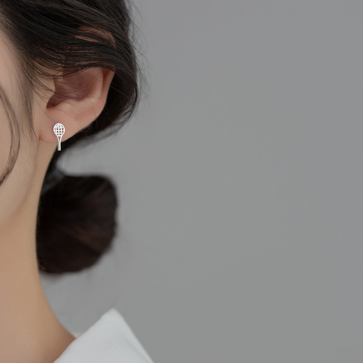 S925 sterling silver tennis racket stud earrings with crystal accent for women