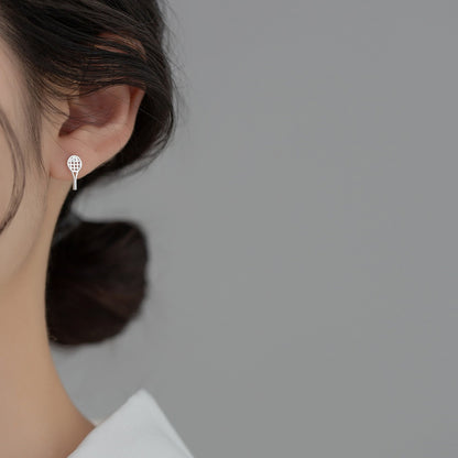 S925 sterling silver tennis racket stud earrings with crystal accent for women