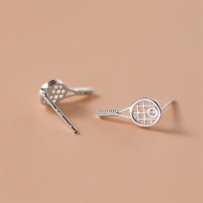 Woman wearing S925 sterling silver tennis racket stud earrings with crystal detail