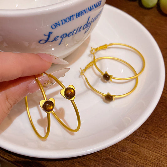 tiger eye hoop earrings gold heart hoop minimalist earrings for women Black May