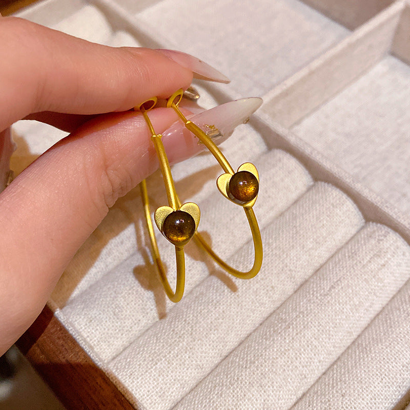 gold heart hoop earrings tiger eye round gold earrings women Black May