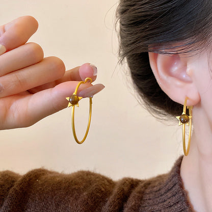 tiger eye hoop earrings gold star hoop minimalist winter style Black May