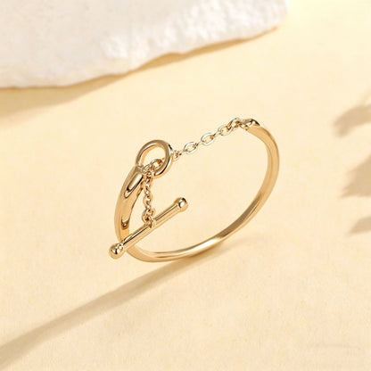 Gold tone S925 toggle chain ring with open band and T bar charm