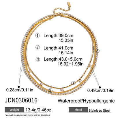 18K gold plated stainless steel triple layer necklace with CZ tennis and herringbone chains