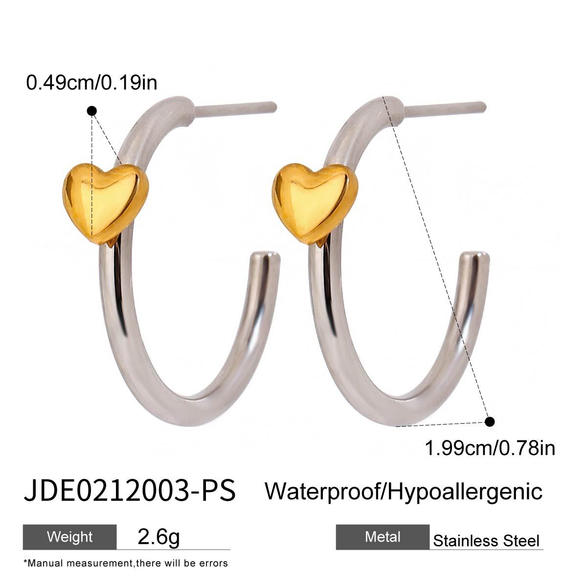 Two tone stainless steel heart hoop earrings size and material details