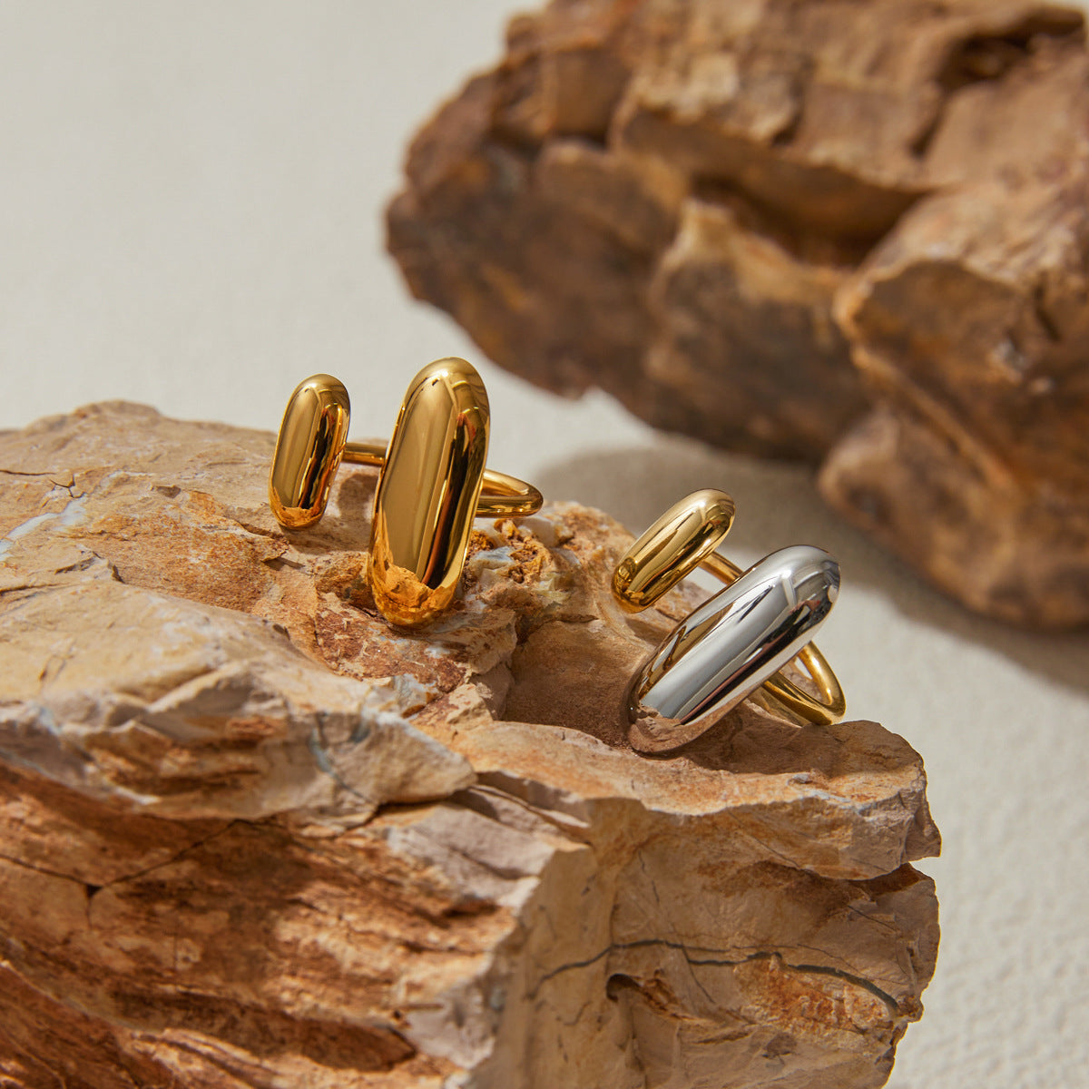 Two Tone Oval Open Ring Set Five Piece Wholesale Stainless Steel