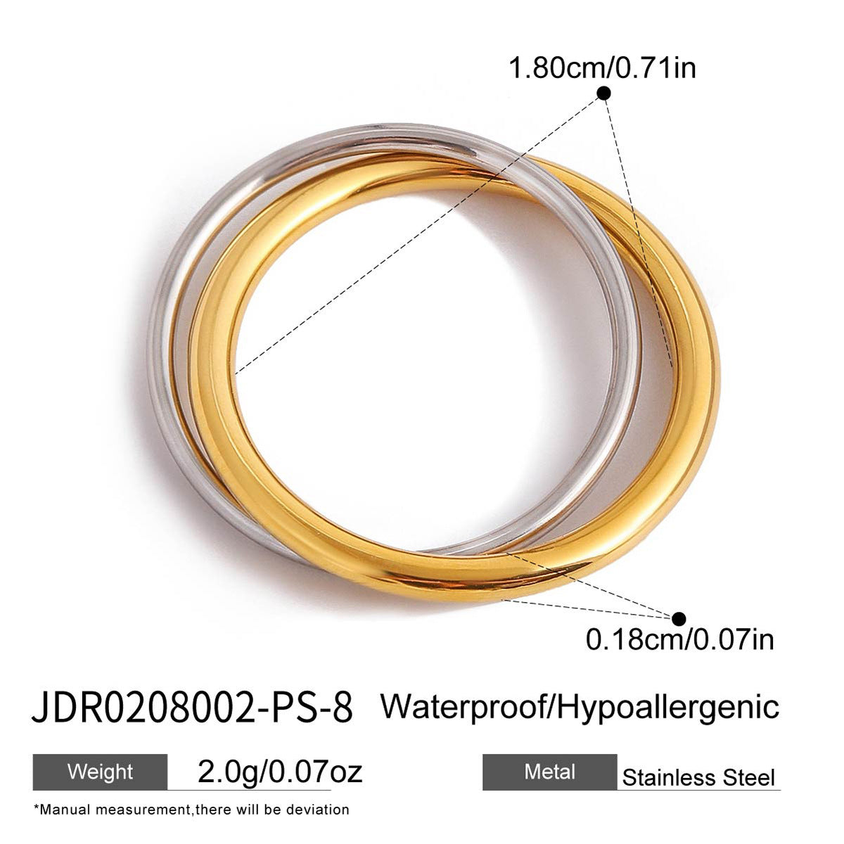 Two tone stainless steel ring set with size and material details