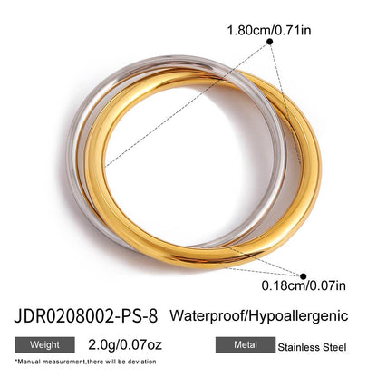 Two tone stainless steel ring set with size and material details