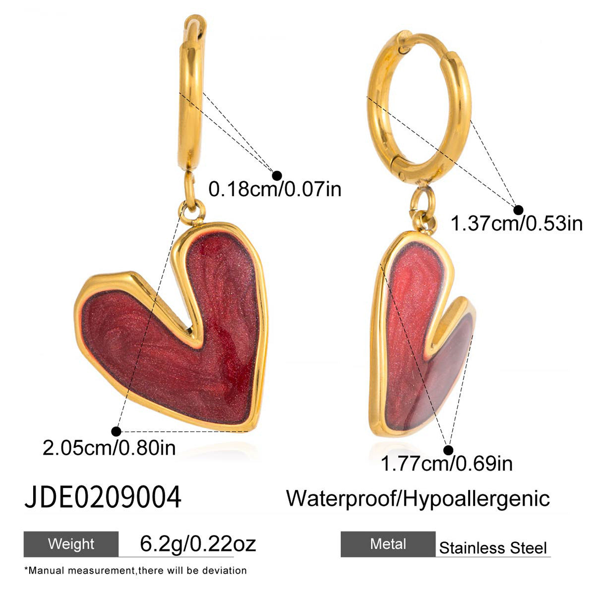Gold tone red heart drop earrings stainless steel jewelry