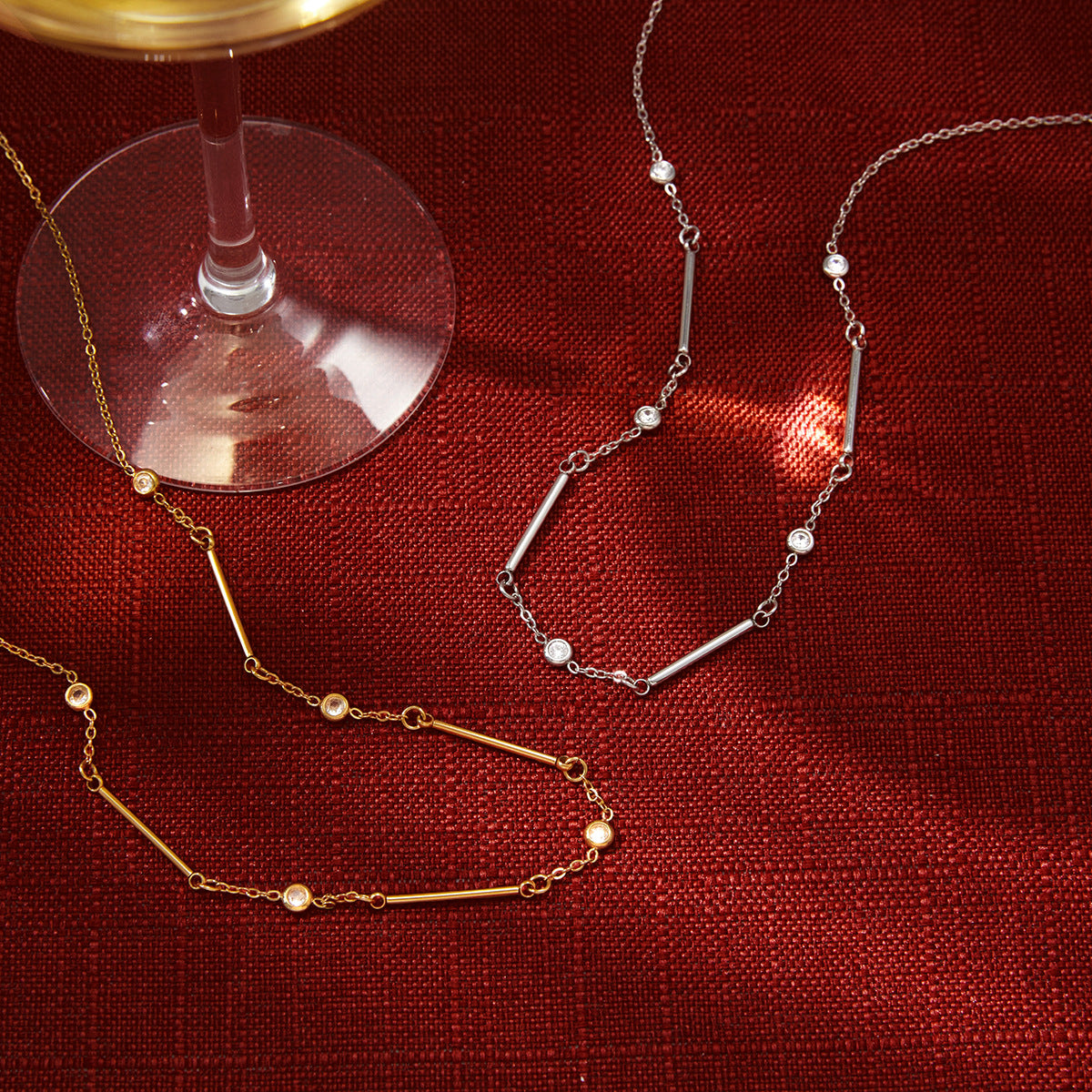 Silver stainless steel bar chain necklace flat lay detail