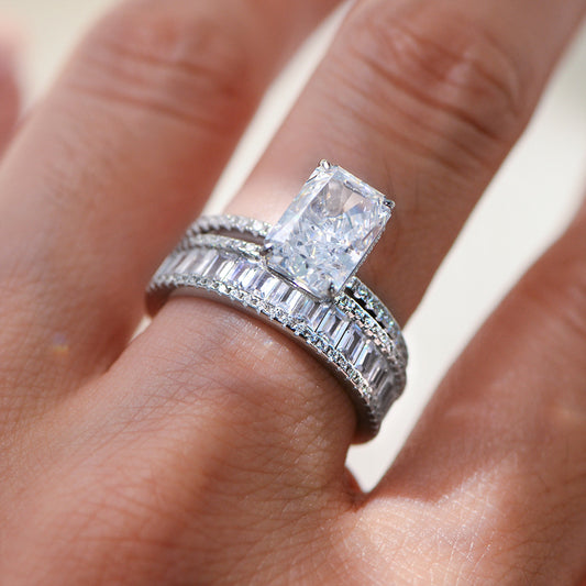 Wholesale radiant cut CZ engagement ring set with baguette eternity band 925 silver bridal jewelry