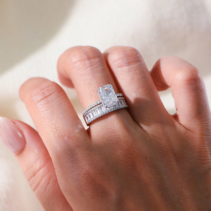 Bridal jewelry wholesale 925 silver radiant cut CZ engagement ring paired with baguette eternity ring