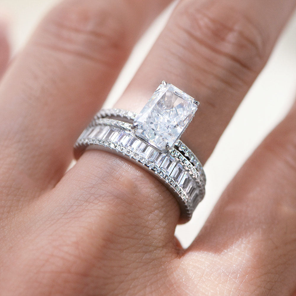 Wholesale radiant cut CZ engagement ring set with baguette eternity band 925 silver bridal jewelry