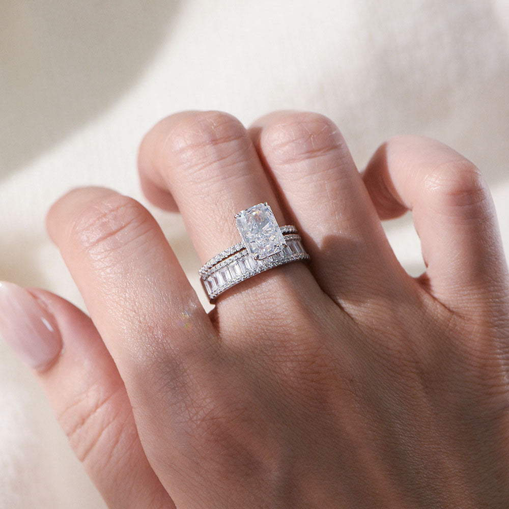 Bridal jewelry wholesale 925 silver radiant cut CZ engagement ring paired with baguette eternity ring