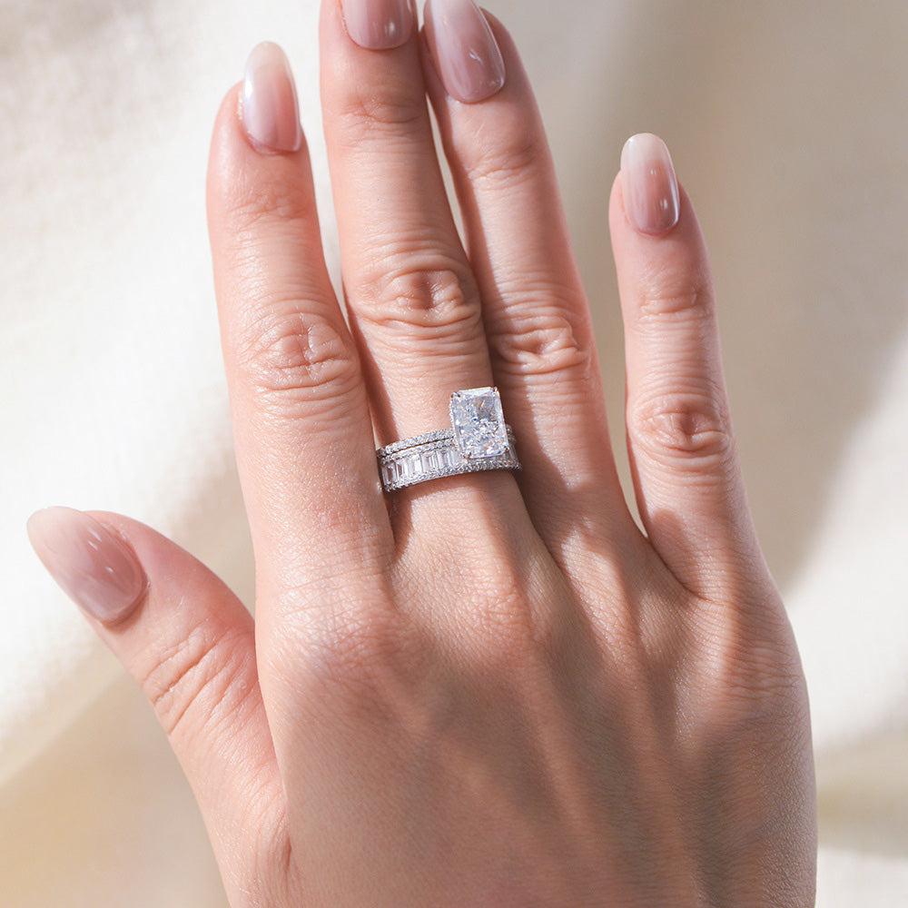 925 sterling silver radiant cut cubic zirconia engagement ring wholesale with baguette eternity wedding band