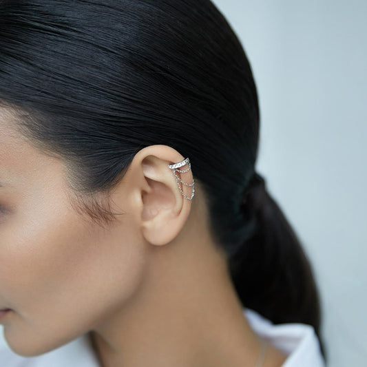 Wholesale 925 sterling silver CZ chain ear cuff earrings, non-pierced adjustable clip-on single piece, minimalist style on-ear wearing display