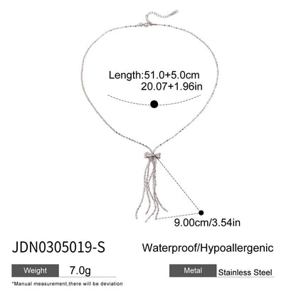 Stainless steel bow tassel necklace wholesale detail size chart, hypoallergenic non tarnish jewelry