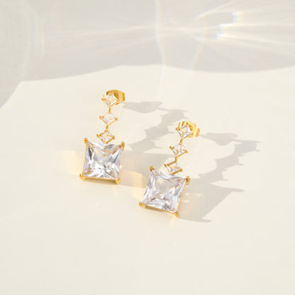 gold tone cz square dangle stud earrings for boutique wholesale closeup