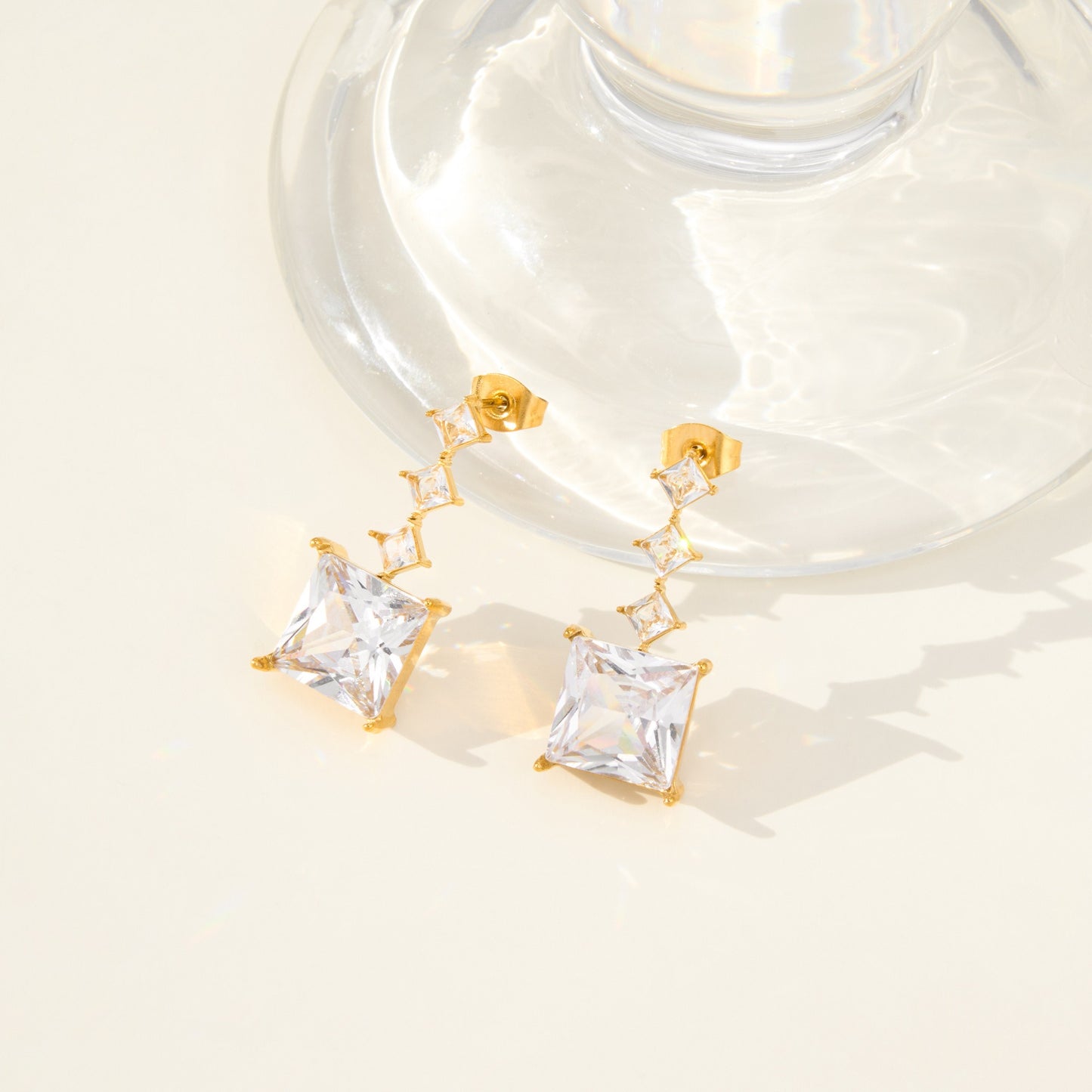 18k gold plated stainless steel cz tassel square stud earrings wholesale