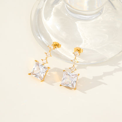 18k gold plated stainless steel cz tassel square stud earrings wholesale