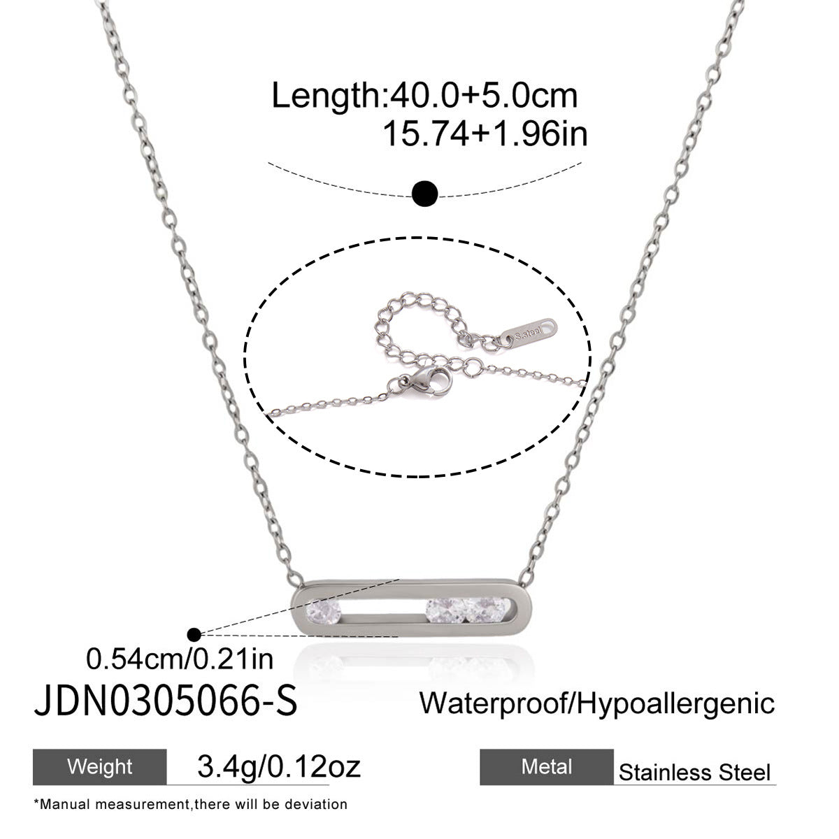 Silver tone stainless steel open bar necklace with moving clear cubic zirconia stones