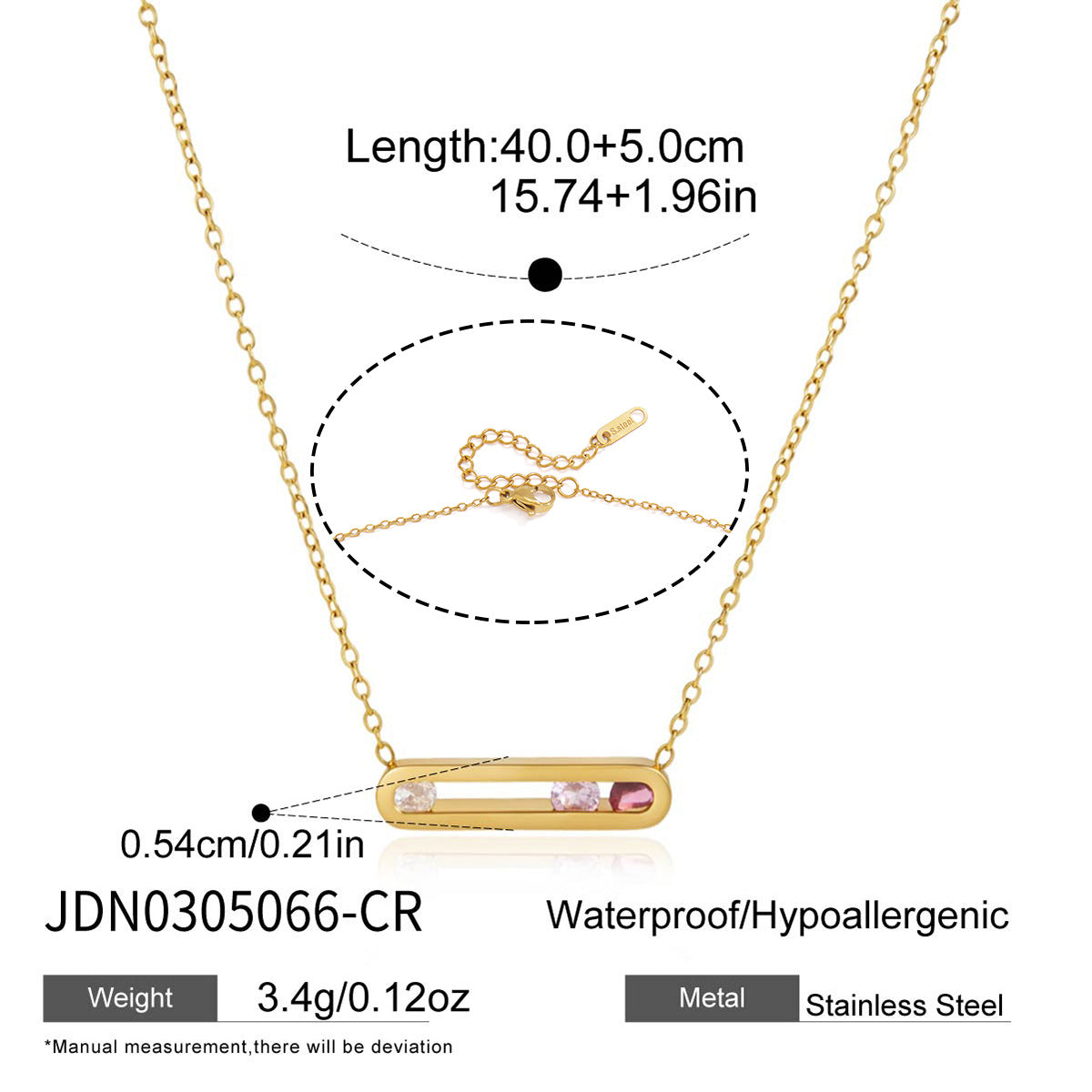 Gold tone floating bar necklace with clear pink and red cubic zirconia stones