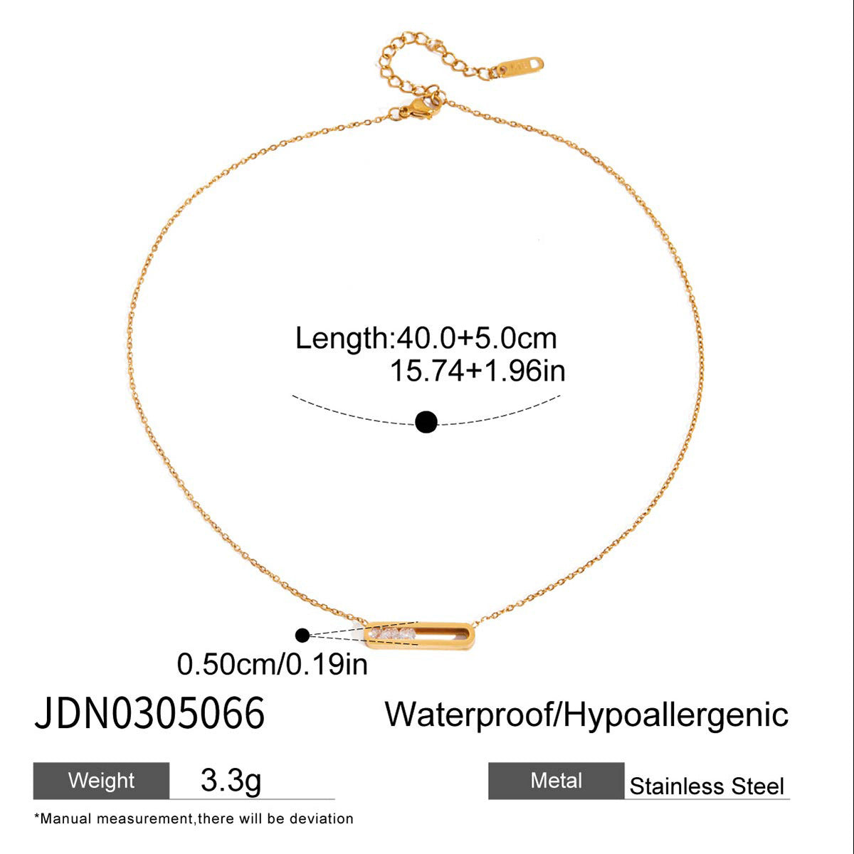 Gold tone stainless steel floating CZ bar necklace with adjustable chain and size details