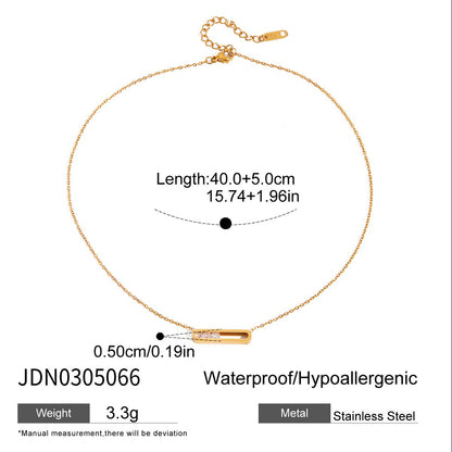 Gold tone stainless steel floating CZ bar necklace with adjustable chain and size details
