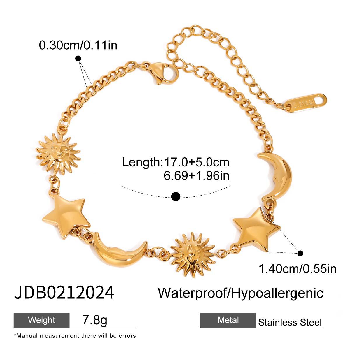 Model wearing moon star sun gold charm bracelet made of stainless steel for summer jewelry look
