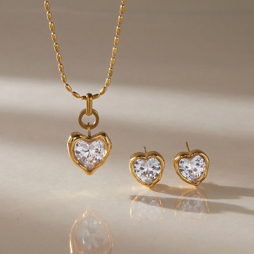 Gold heart zircon necklace and matching stud earrings two piece set
