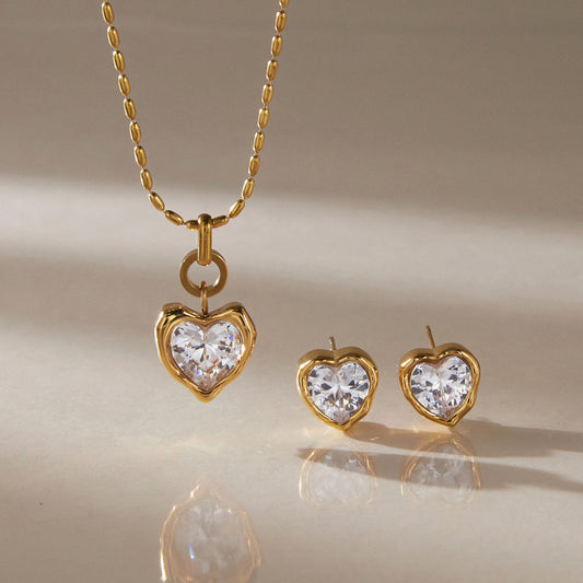 Gold heart zircon necklace and matching stud earrings two piece set