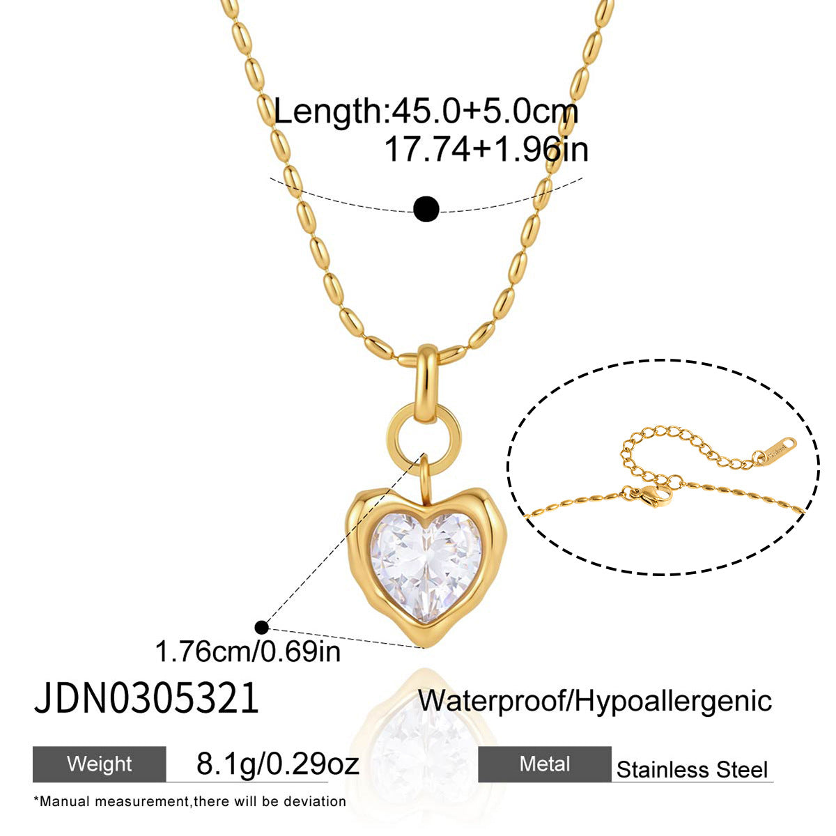 Gold tone stainless steel heart zircon pendant necklace with size details