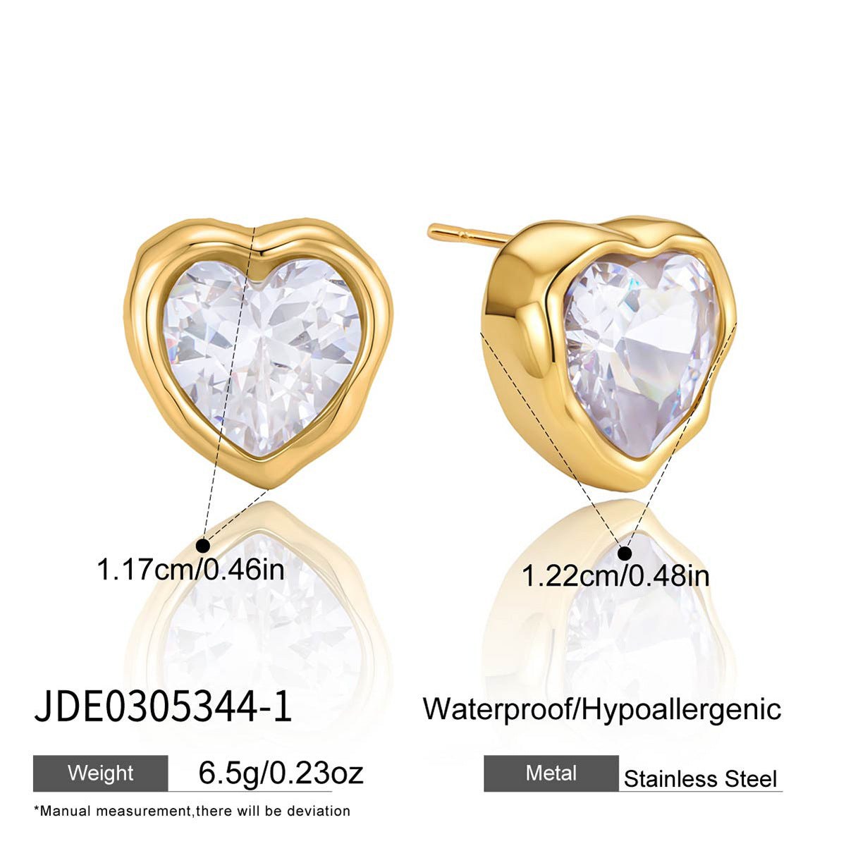 Gold tone stainless steel heart zircon stud earrings with size details
