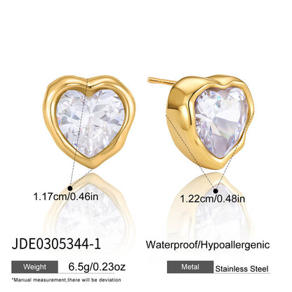 Gold tone stainless steel heart zircon stud earrings with size details
