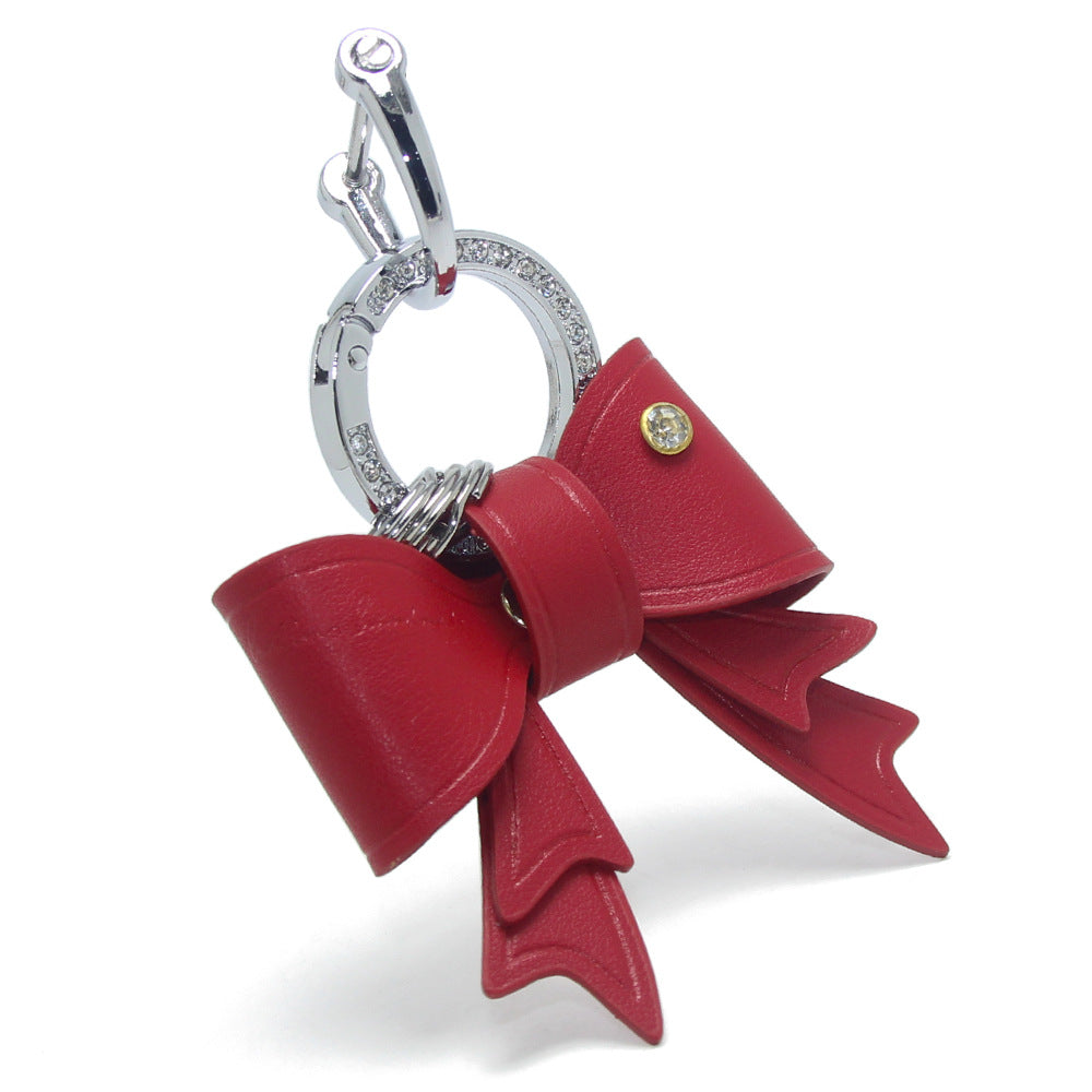 Wholesale red bow keychain, cute PU leather bag charm with rhinestone, purse keychain for women