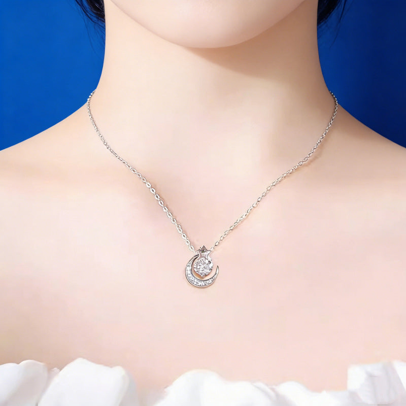 S999 silver moon star zircon necklace worn as a delicate clavicle chain
