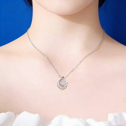 S999 silver moon star zircon necklace worn as a delicate clavicle chain