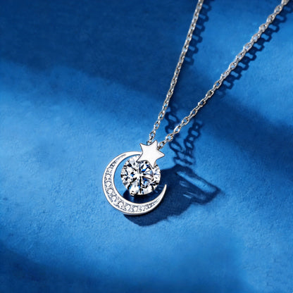 S999 silver moon star zircon necklace displayed on blue background for wholesale jewelry sourcing