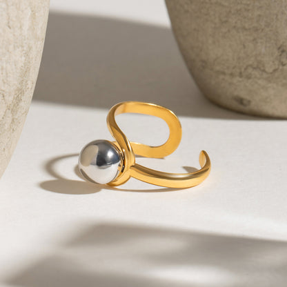 18K gold stainless steel adjustable open ring with silver ball, minimalist wholesale fashion rings set for women.