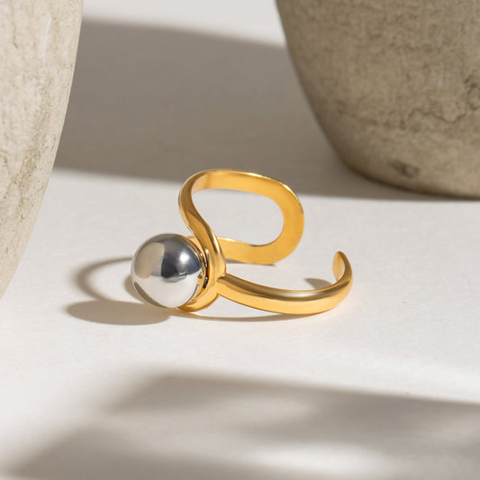 18K gold stainless steel adjustable open ring with silver ball, minimalist wholesale fashion rings set for women.