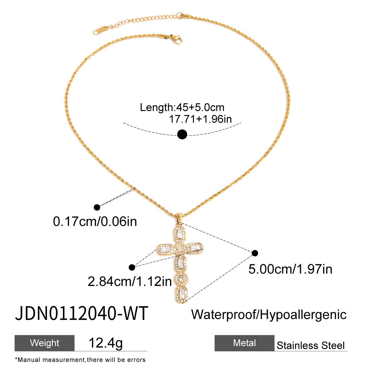 Gold tone stainless steel cubic zirconia cross necklace with size and weight details