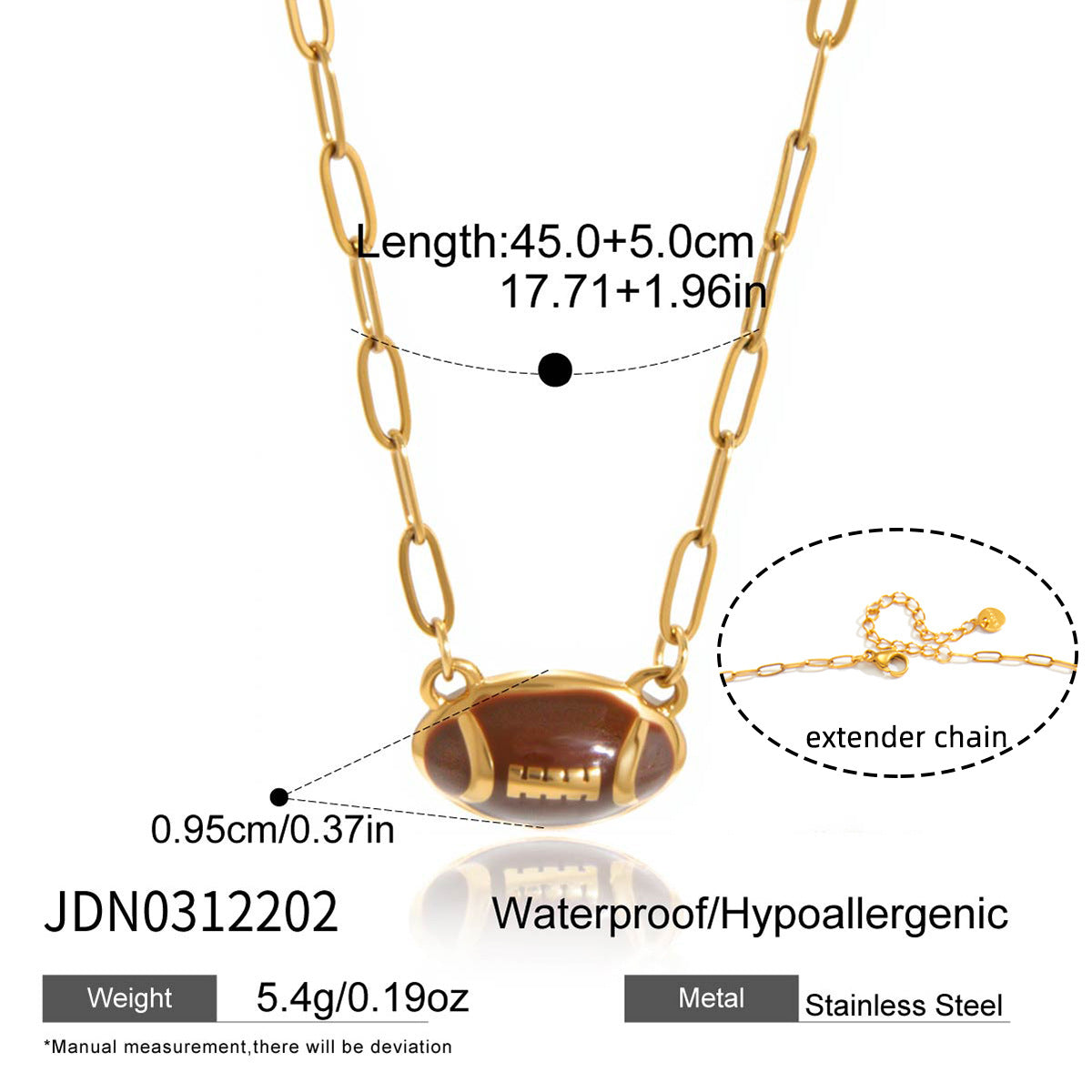 nless steel American football pendant necklace with enamel detail and paperclip chain
