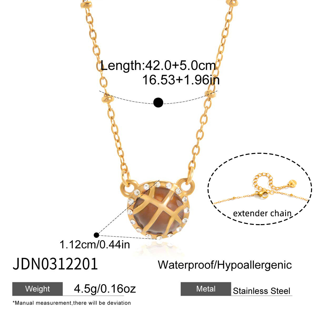 Gold tone stainless steel basketball pendant necklace with enamel and crystal details