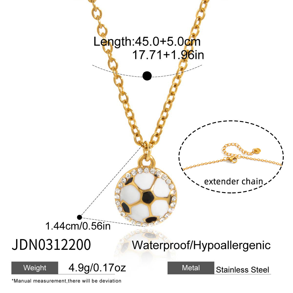 Gold tone stainless steel soccer ball pendant necklace with white enamel and clear crystals