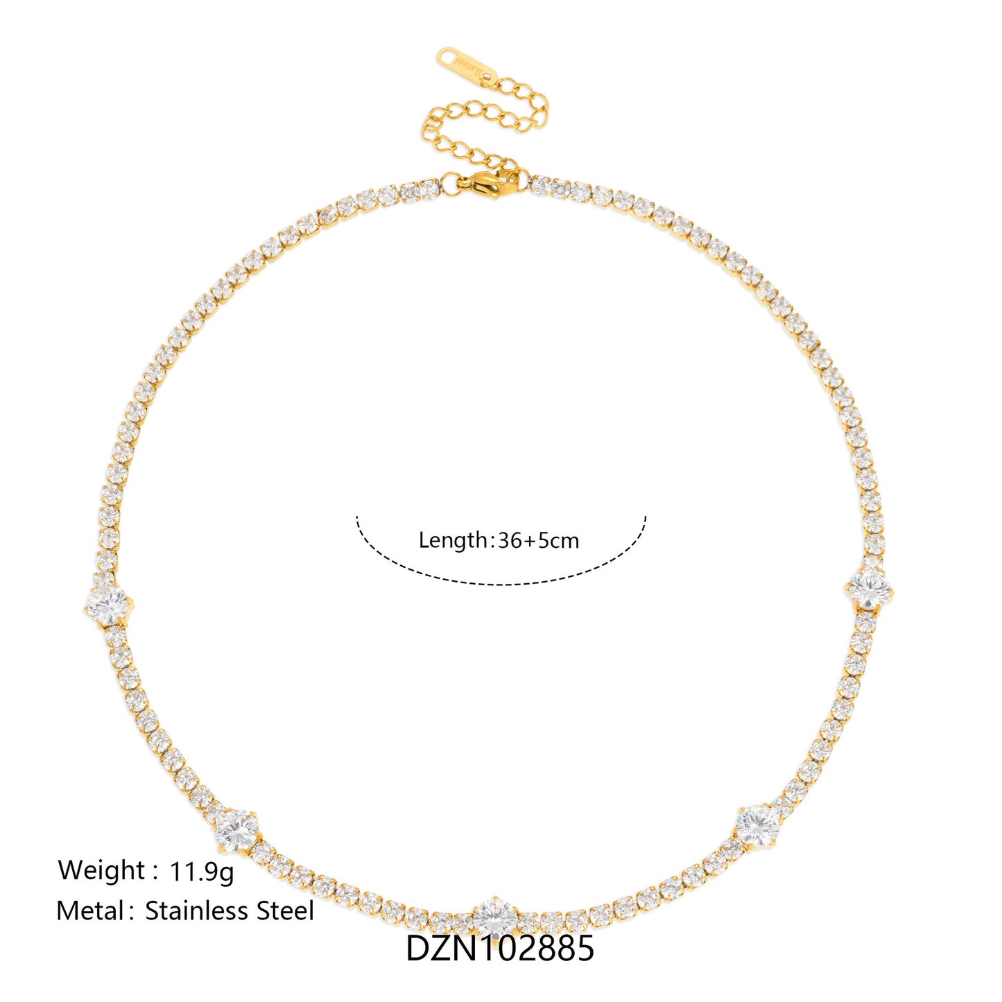 gold tone stainless steel cz tennis necklace with round station stones wholesale