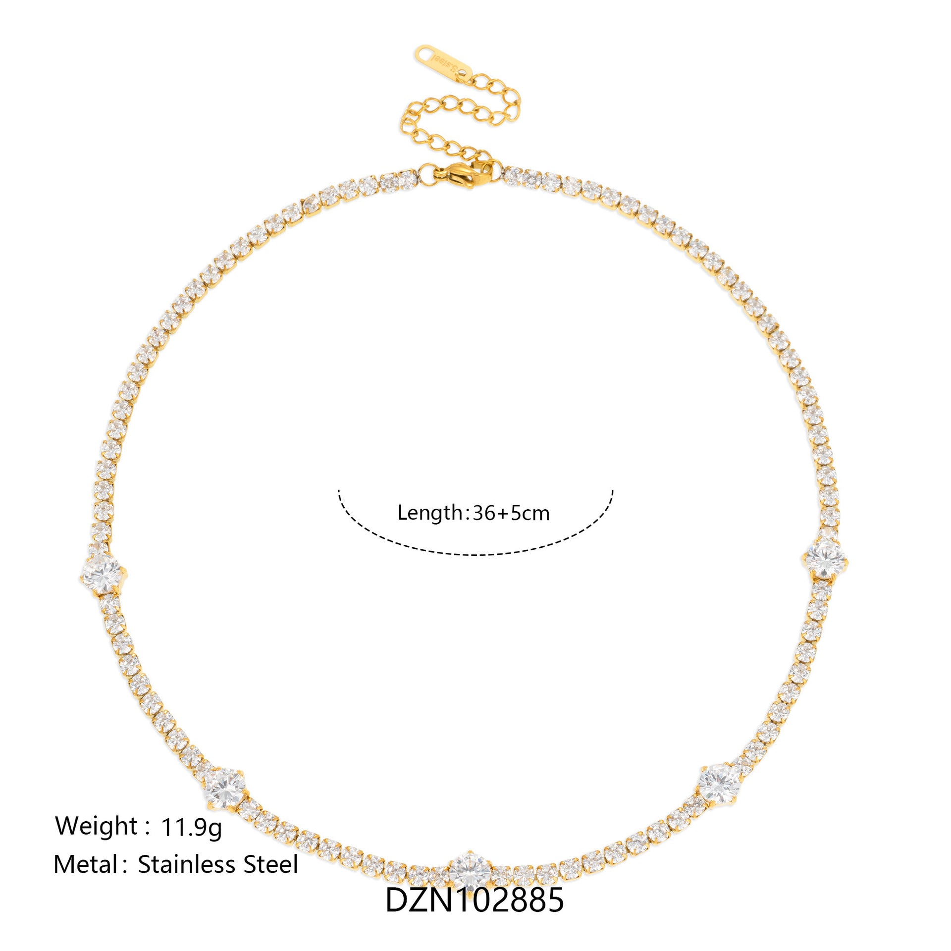 gold tone stainless steel cz tennis necklace with round station stones wholesale