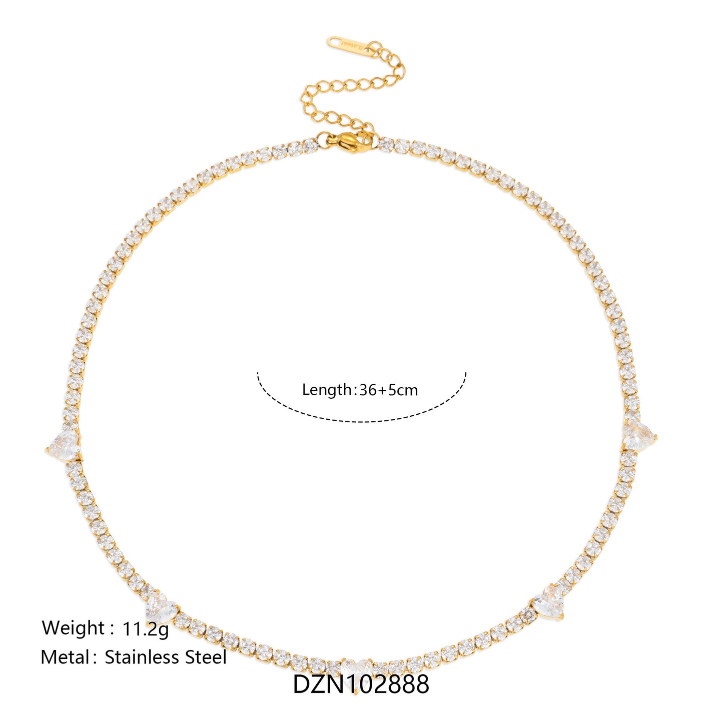 gold plated stainless steel cz tennis choker necklace with heart station stones wholesale